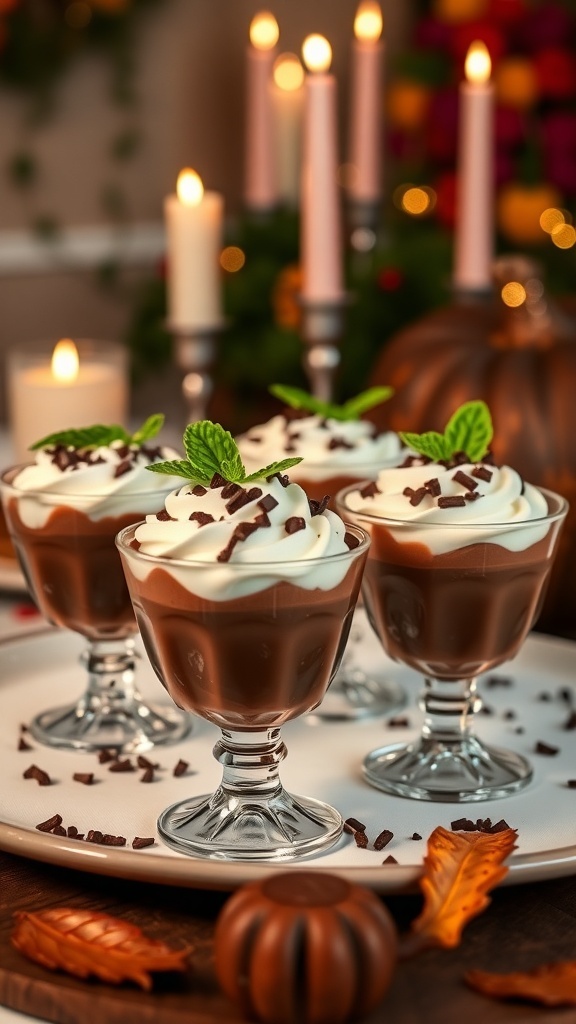 Chocolate pudding cups topped with whipped cream and chocolate shavings, set on a festive table with candles and autumn decorations.