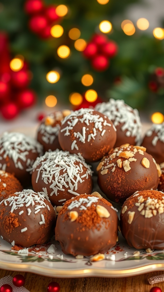 A platter of chocolate truffles decorated with coconut, nuts, and cocoa powder, set against a festive background.