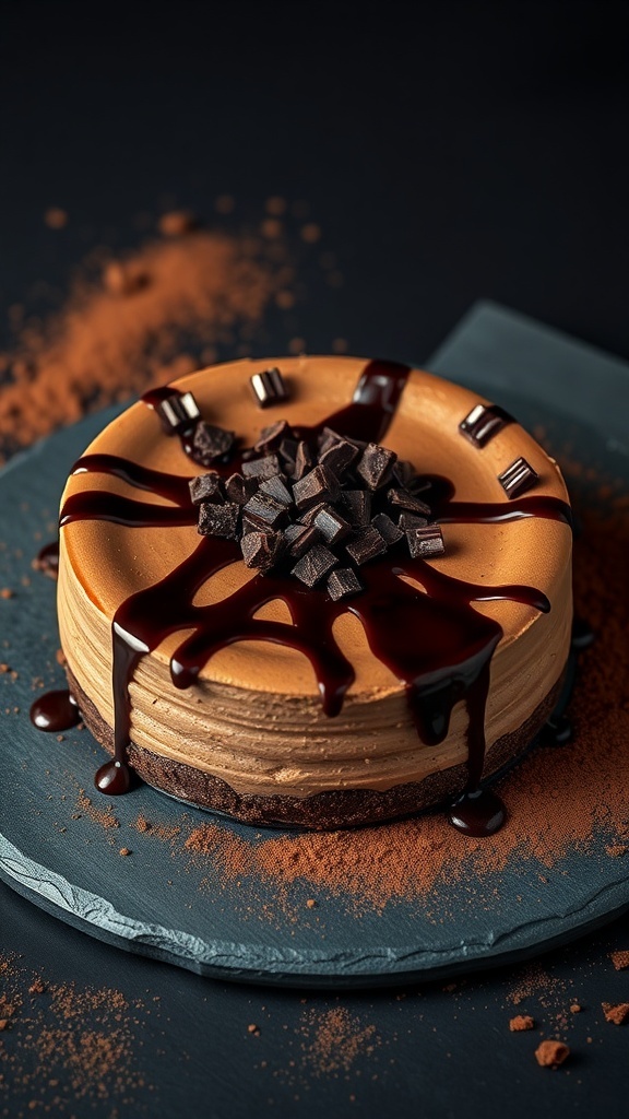 A rich chocolate vegan cheesecake topped with chocolate drizzle and chunks of dark chocolate on a slate plate.