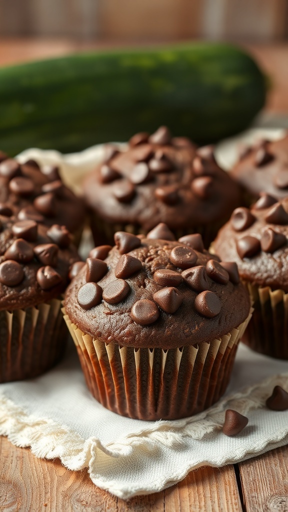 Chocolate zucchini muffins topped with chocolate chips, with a zucchini in the background.