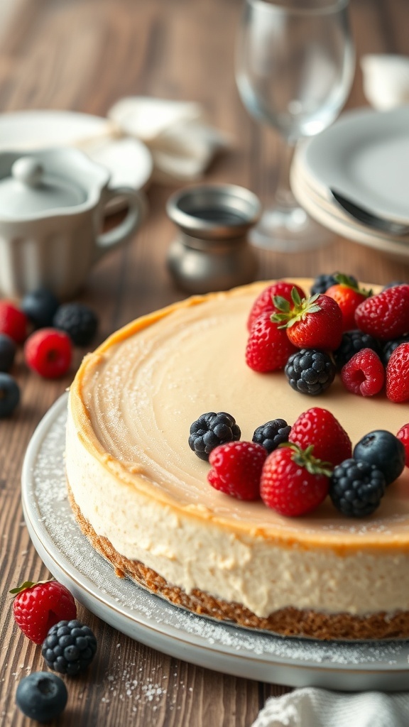 A delicious keto cheesecake topped with fresh berries on a wooden table.