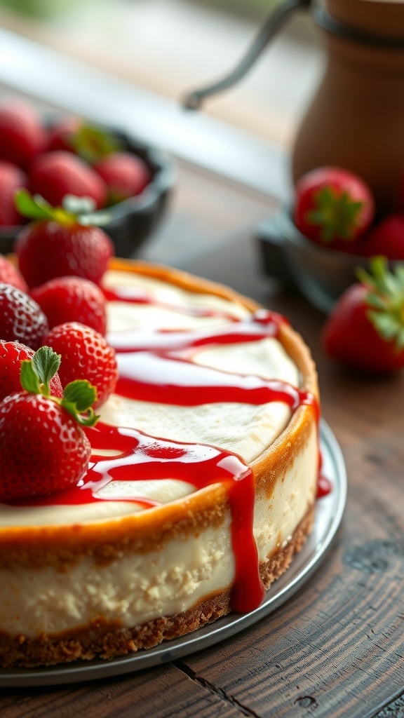 A gluten-free New York style cheesecake topped with fresh strawberries and strawberry sauce.
