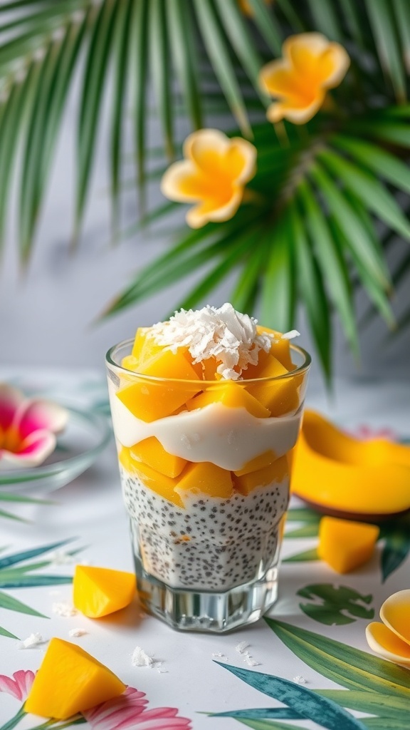 A glass of coconut chia seed pudding topped with diced mango and shredded coconut, surrounded by tropical leaves and flowers.