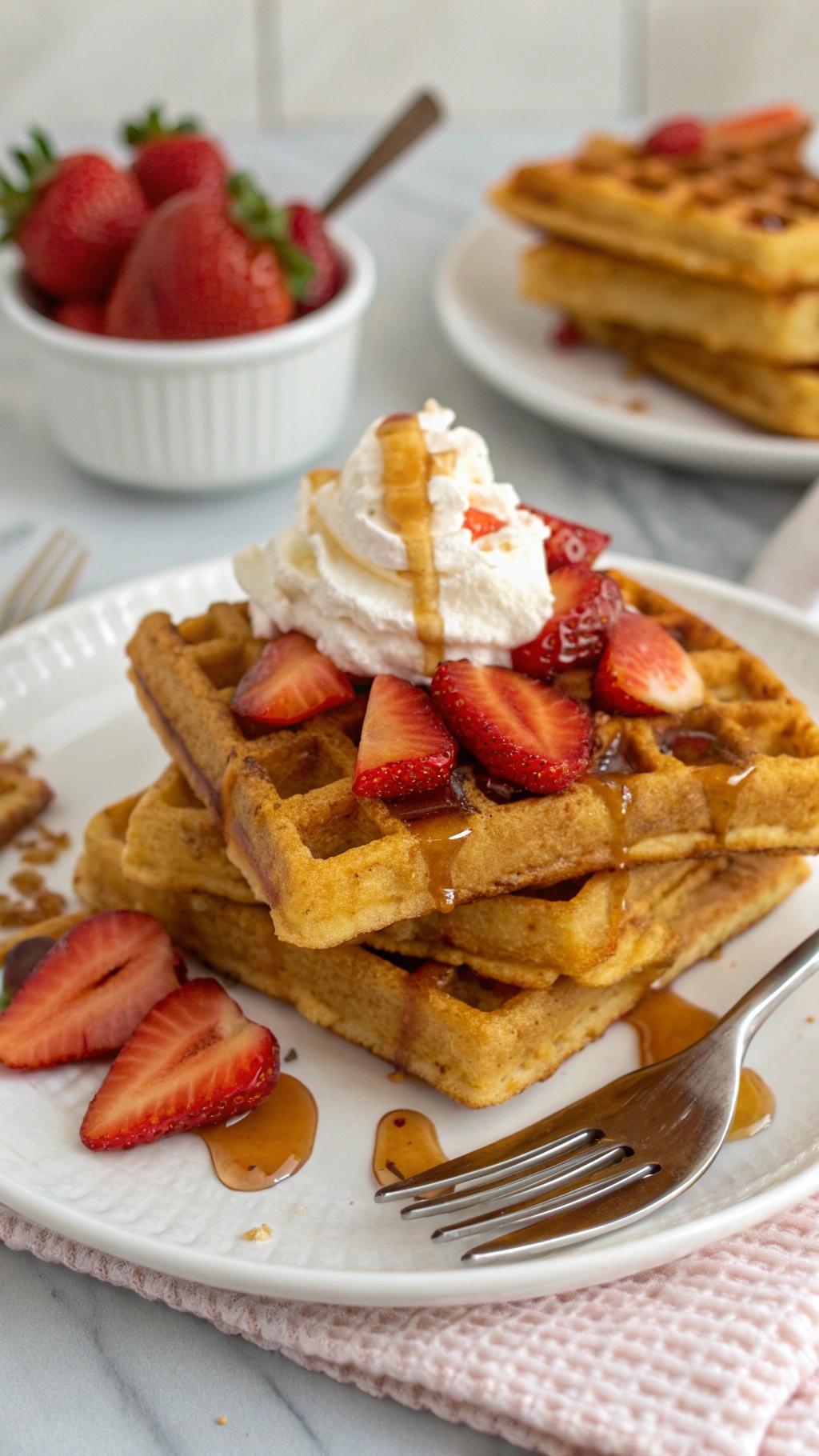 Coconut flour waffles topped with strawberries and whipped cream