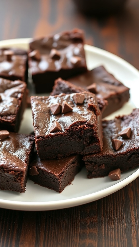 Dark chocolate avocado brownies on a white plate, topped with chocolate chips.