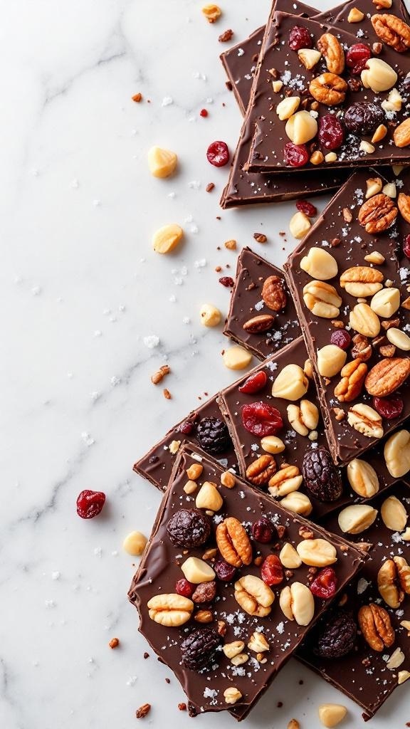 Dark chocolate bark topped with nuts and dried fruits on a marble surface.