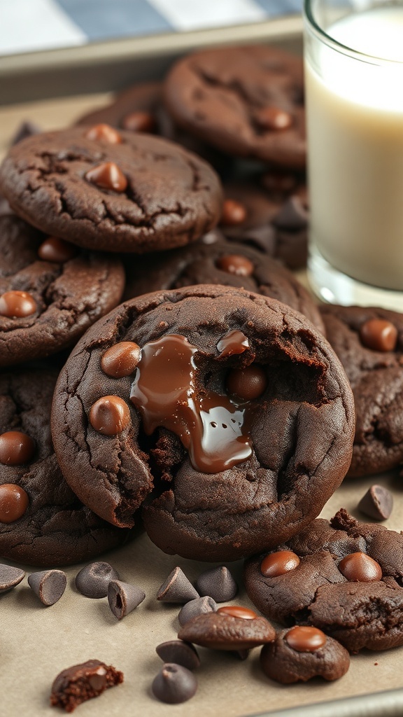 A stack of dark chocolate chip cookies with melted chocolate and a glass of milk