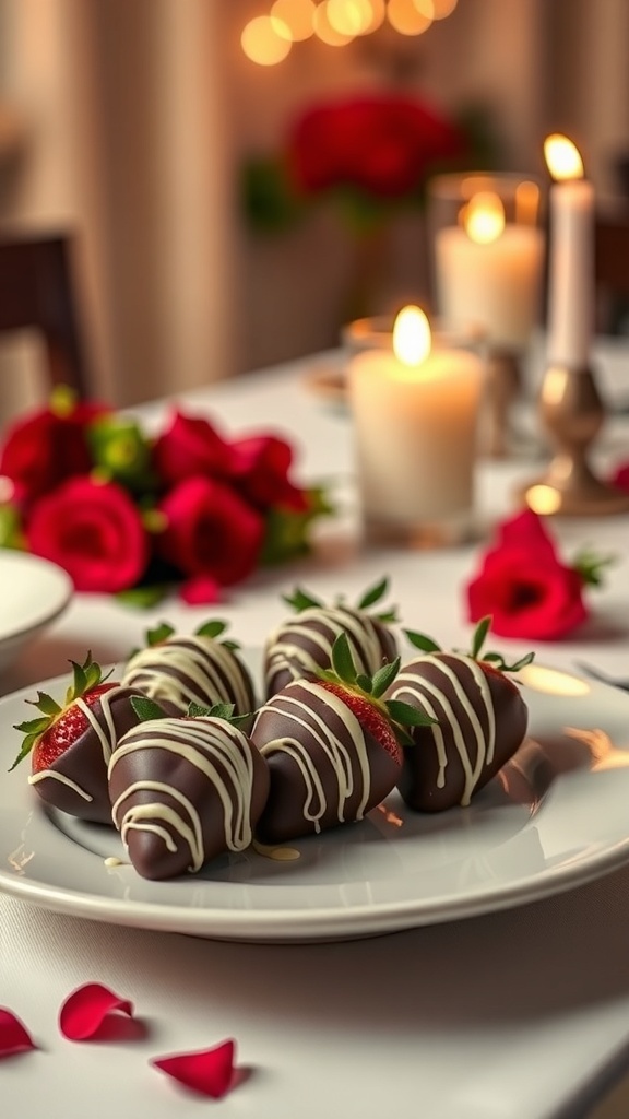 A plate of dark chocolate covered strawberries with white chocolate drizzle, surrounded by roses and candles.