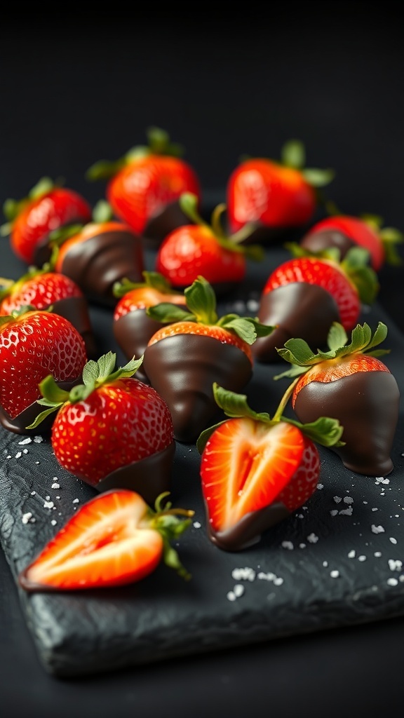 A plate of dark chocolate covered strawberries, some whole and some halved, with a sprinkle of sea salt.