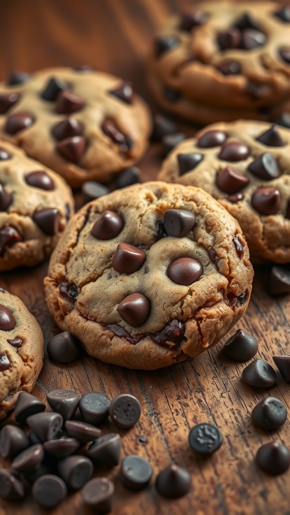 A close-up of vegan chocolate chip cookies with dark chocolate chips on a wooden surface.