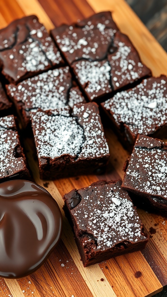 Delicious keto brownies on a wooden board, topped with powdered sweetener.
