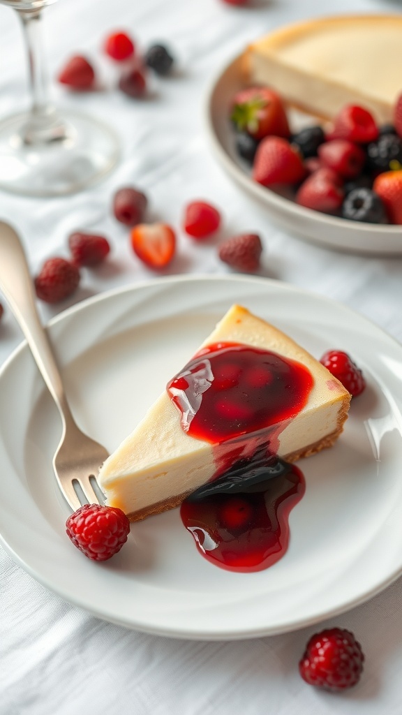 A slice of keto cheesecake topped with berry sauce, surrounded by fresh berries.