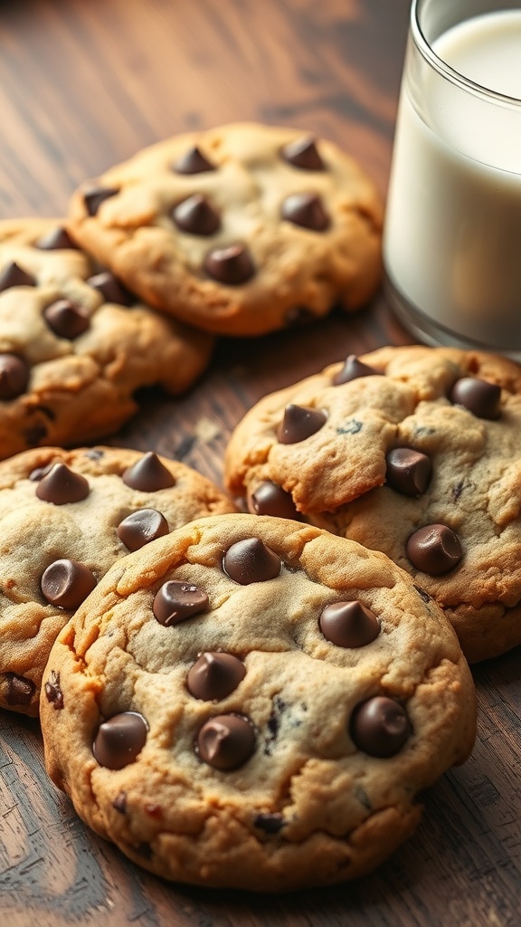 Keto chocolate chip cookies with almond flour, displayed with a glass of milk