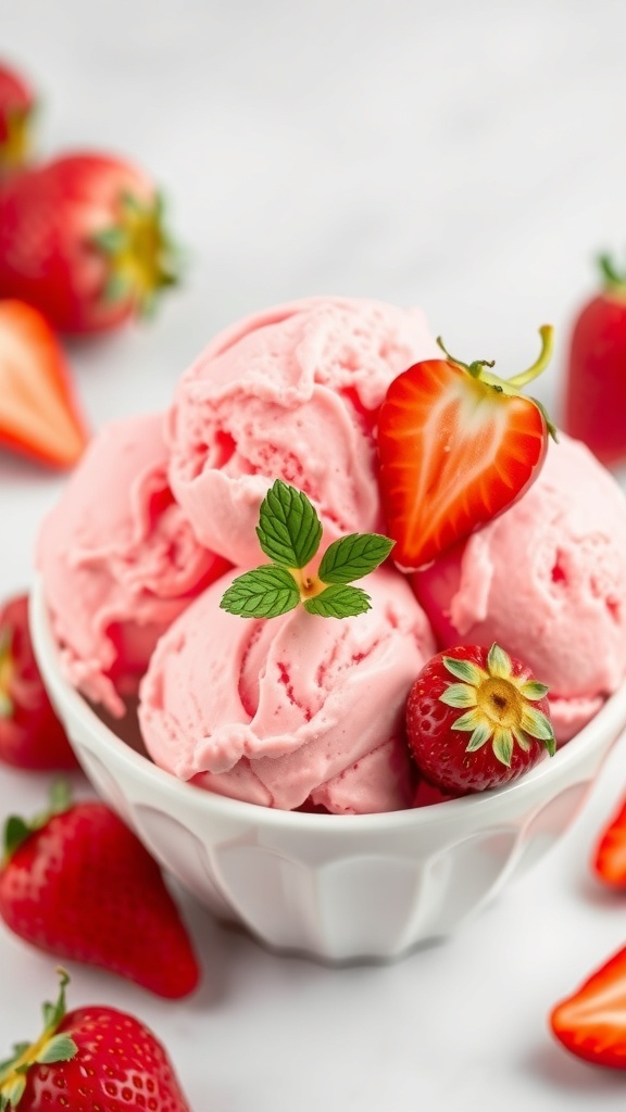 A bowl of pink strawberry ice cream garnished with mint leaves and fresh strawberries, set against a green grass background.