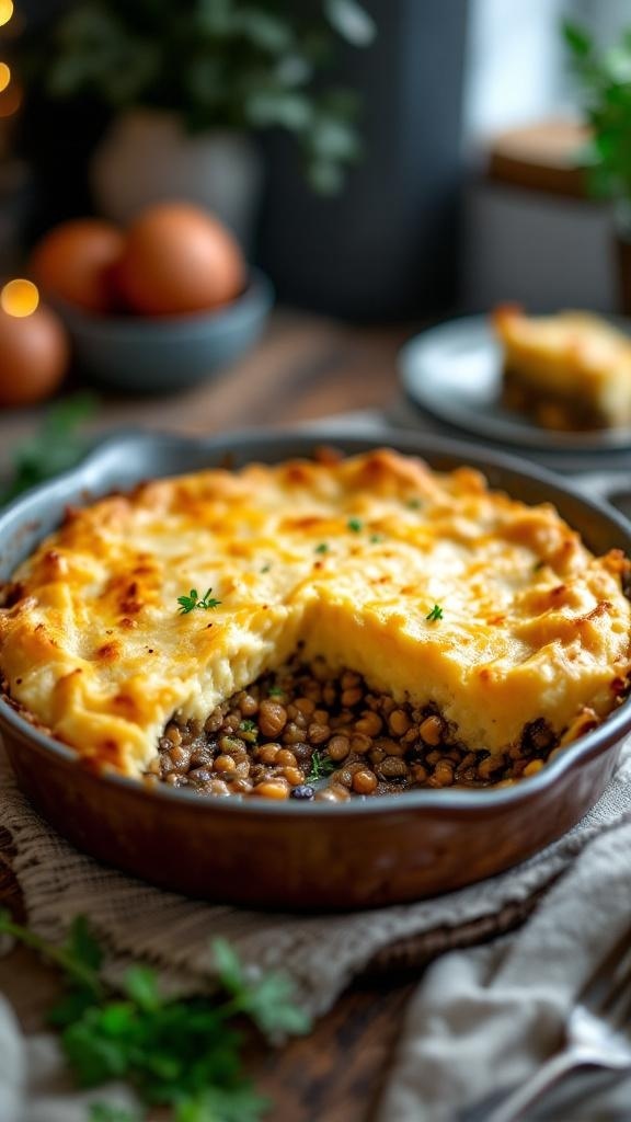 A delicious lentil and mushroom shepherd's pie with a golden mashed potato topping, served in a rustic dish.