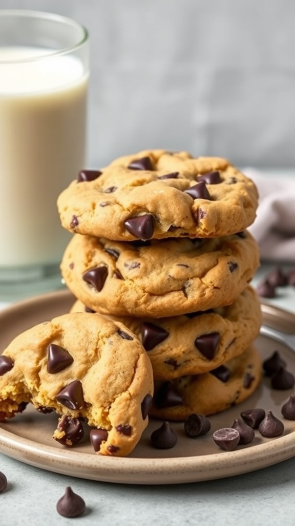 A stack of low-calorie chocolate chip cookies with a glass of milk