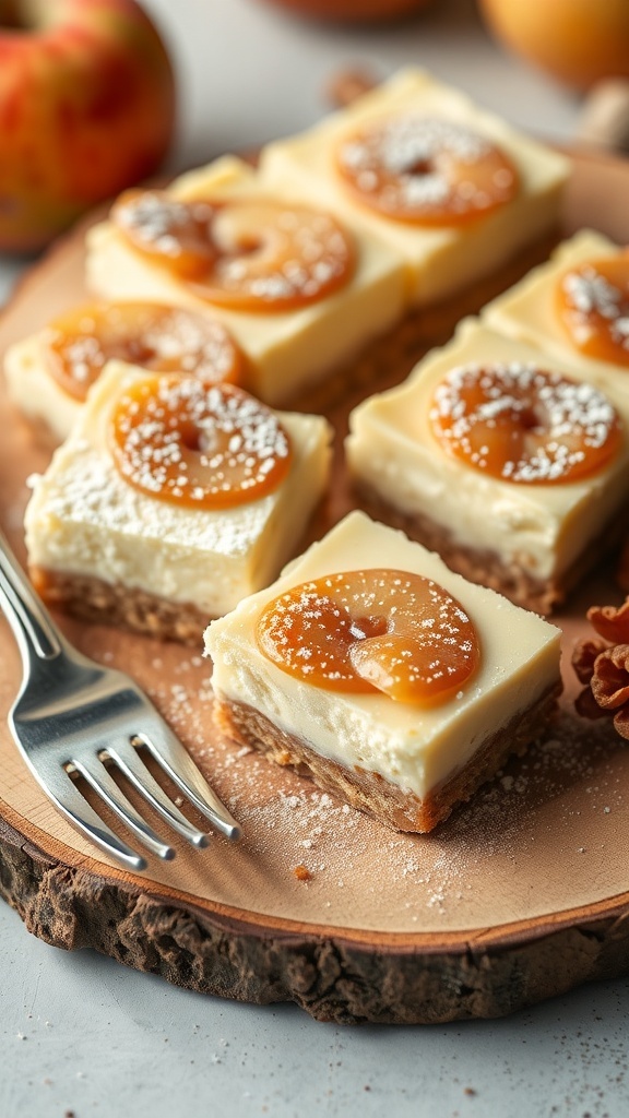Low-carb apple cheesecake bars on a wooden platter, topped with apple slices and powdered sugar.