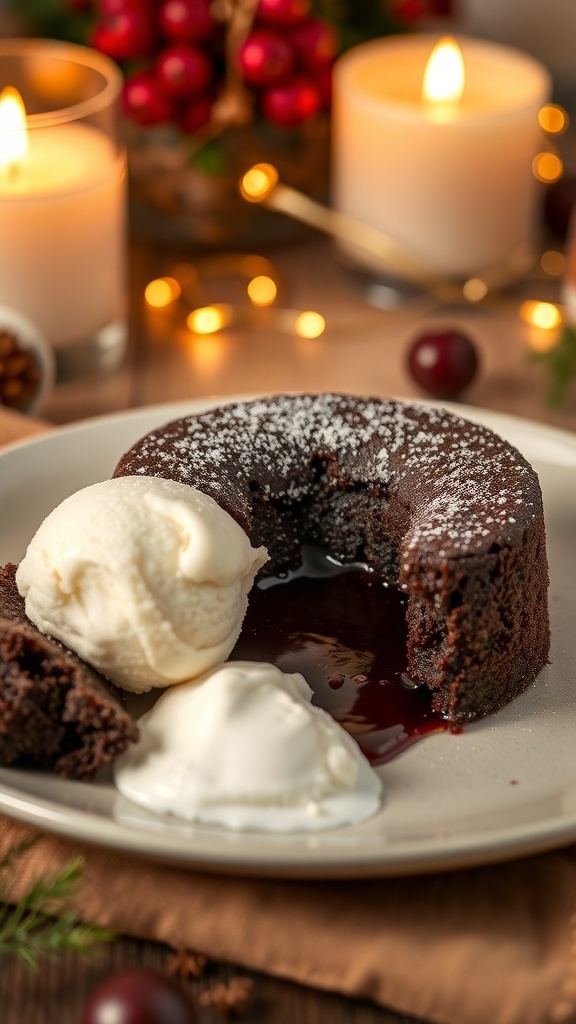A plate of chocolate lava cake with ice cream on the side.
