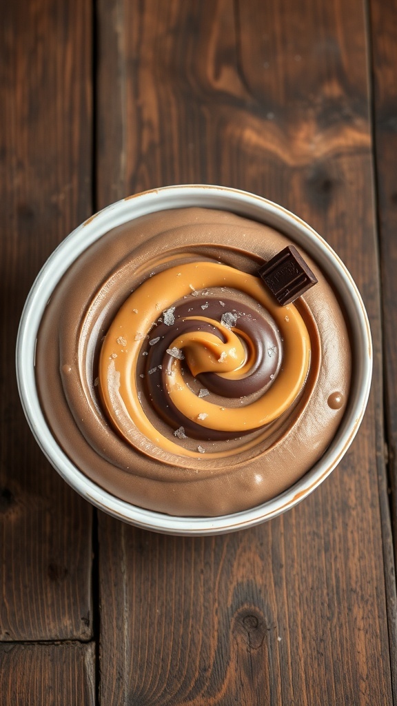 A bowl of peanut butter chocolate mousse swirled with chocolate and topped with a piece of chocolate and sea salt.