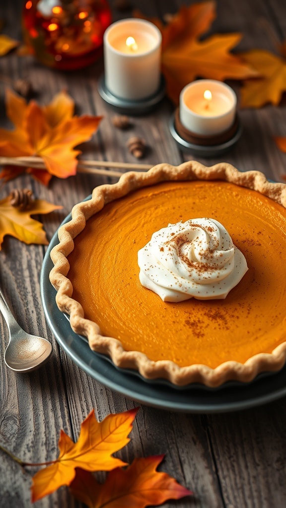 A beautifully presented low-carb pumpkin pie topped with whipped cream, surrounded by autumn leaves and candles.