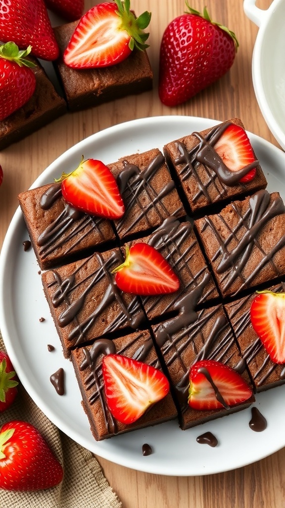 A plate of low-carb strawberry brownies topped with fresh strawberries and chocolate drizzle.