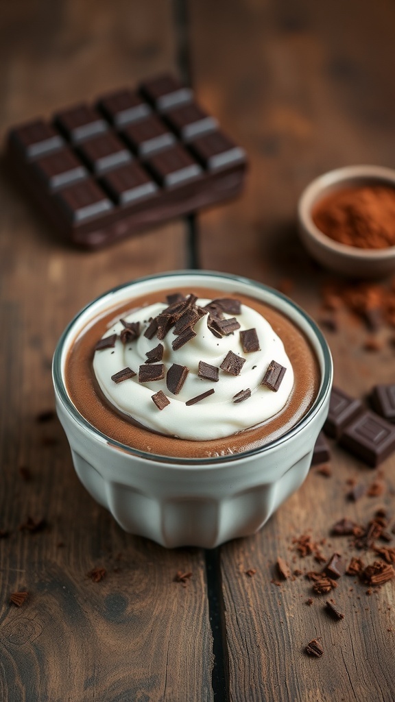 A bowl of chocolate mousse topped with whipped cream and chocolate shavings, with chocolate bars and cocoa powder in the background.