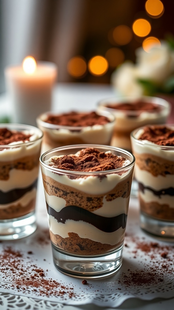 Low sugar tiramisu cups layered with mascarpone and coffee, garnished with cocoa powder