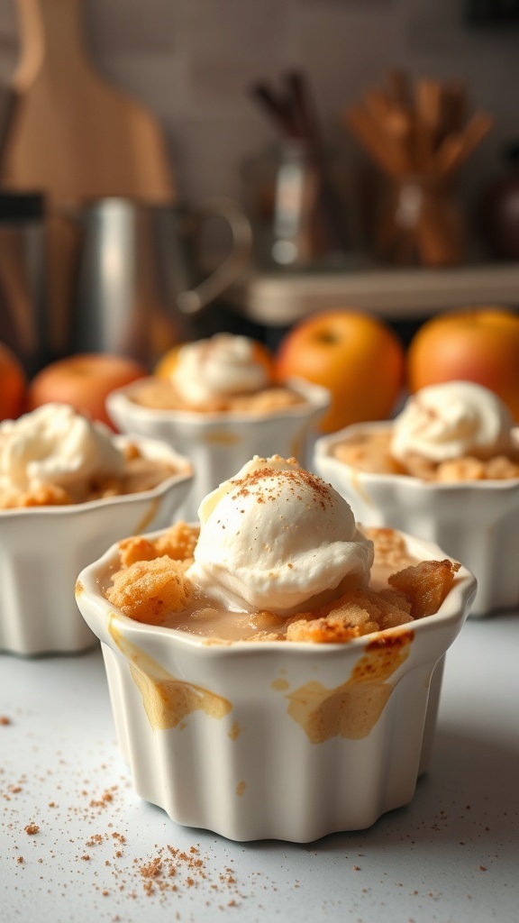 Mini apple crumbles in ramekins topped with whipped cream and cinnamon