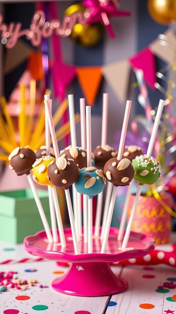 Colorful mocha almond cake pops displayed on a pink stand with festive decorations.