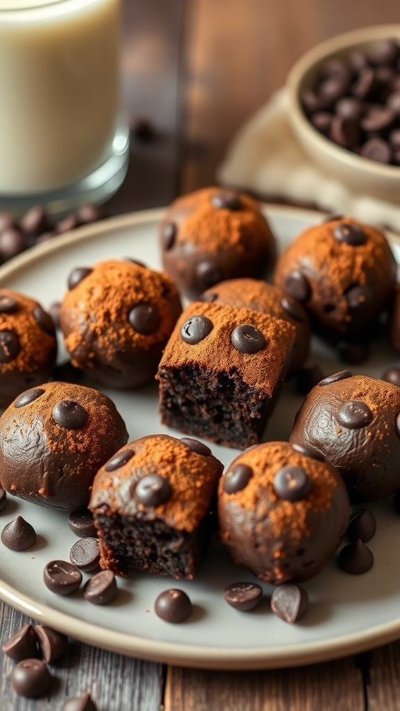 A plate of no-bake brownie bites coated in cocoa powder and topped with chocolate chips, with a glass of milk in the background.