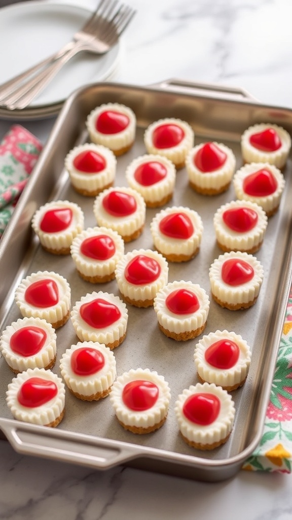 A tray of no-bake cheesecake bites topped with cherry filling.
