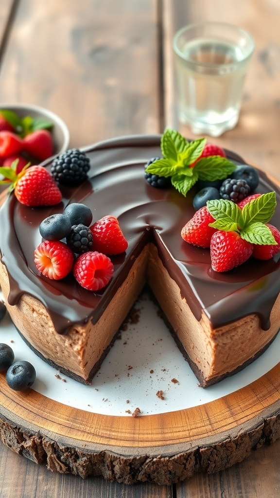No-bake chocolate cheesecake topped with fresh berries and chocolate ganache on a wooden serving board.
