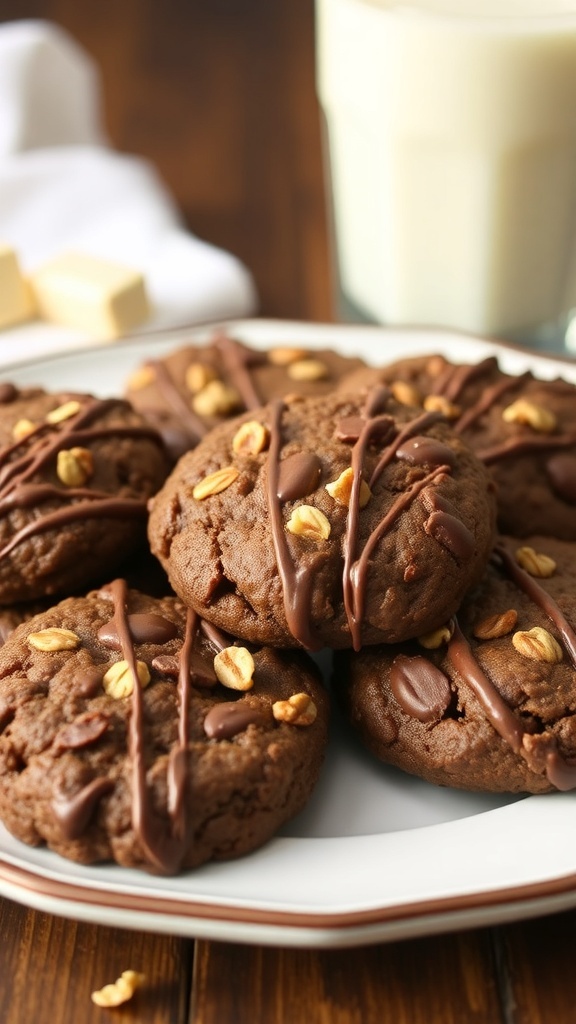 A plate of no-bake chocolate oatmeal cookies drizzled with chocolate and topped with oats, next to a glass of milk.