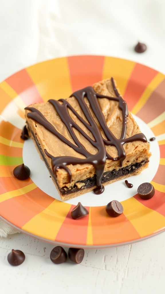 No-bake chocolate peanut butter bar on a colorful plate with chocolate drizzle