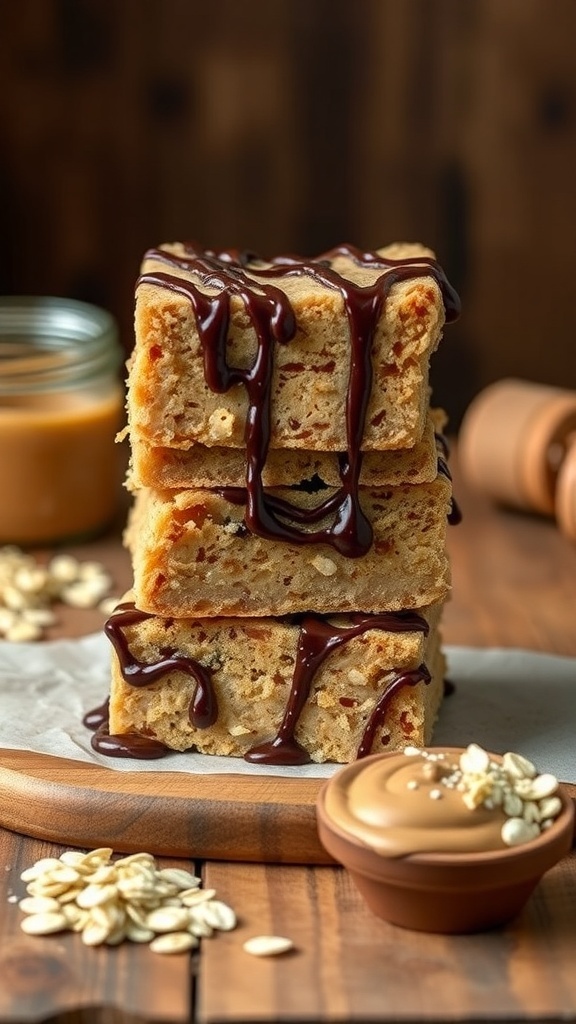 A stack of no-bake peanut butter bars drizzled with chocolate, with a bowl of peanut butter and oats in the background.