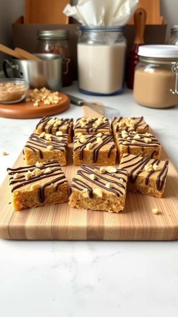 No-bake peanut butter bars drizzled with chocolate and topped with crushed peanuts on a wooden cutting board.