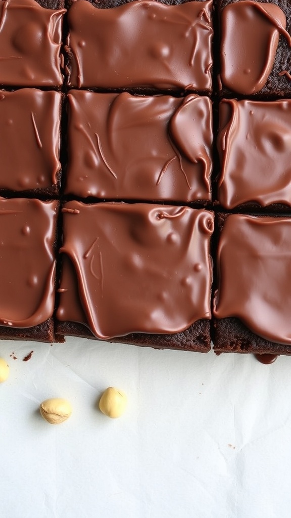 Nutella brownies topped with glossy chocolate, cut into squares