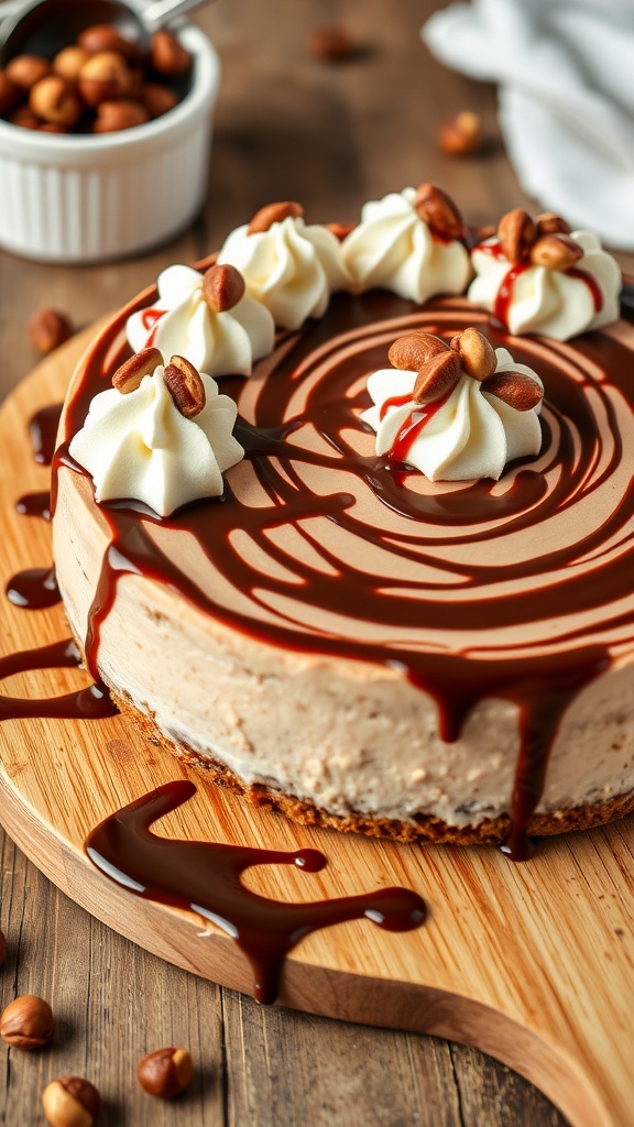 Nutella No-Bake Cheesecake topped with whipped cream and chocolate sauce on a wooden board.