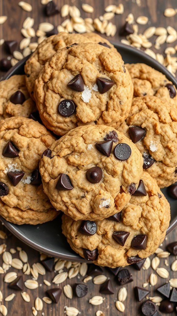 A plate of oatmeal chocolate chip cookies with chocolate chips and oats scattered around.