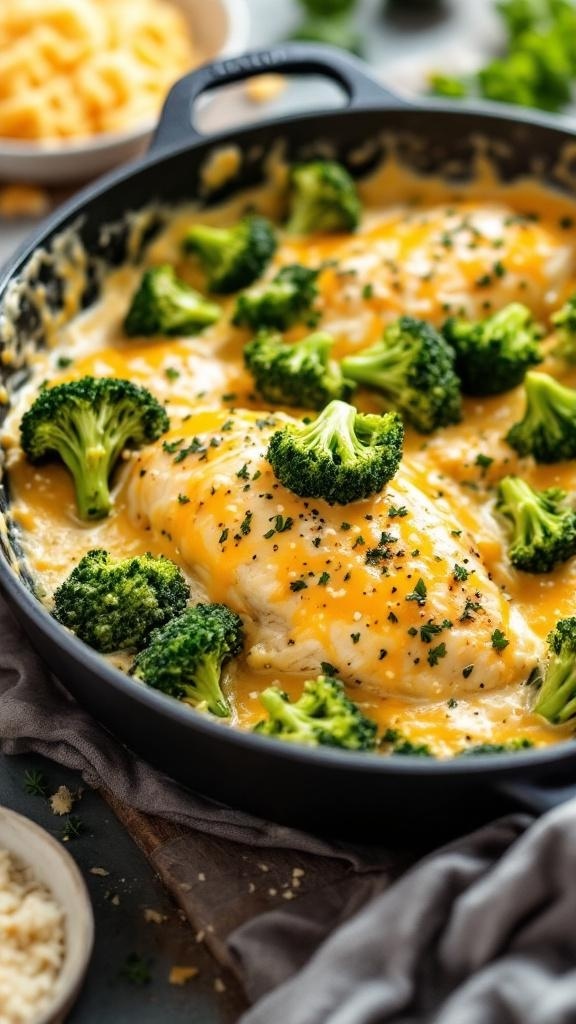 A skillet with cheesy broccoli chicken, featuring tender chicken breasts and vibrant green broccoli in a creamy cheese sauce.