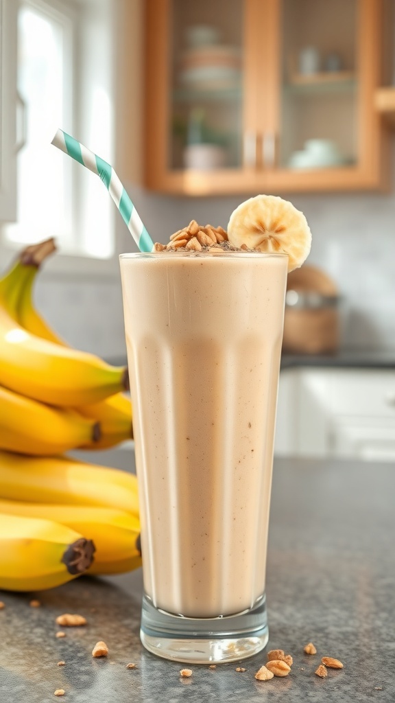 A tall glass of peanut butter banana protein smoothie topped with granola and a banana slice, with fresh bananas in the background.