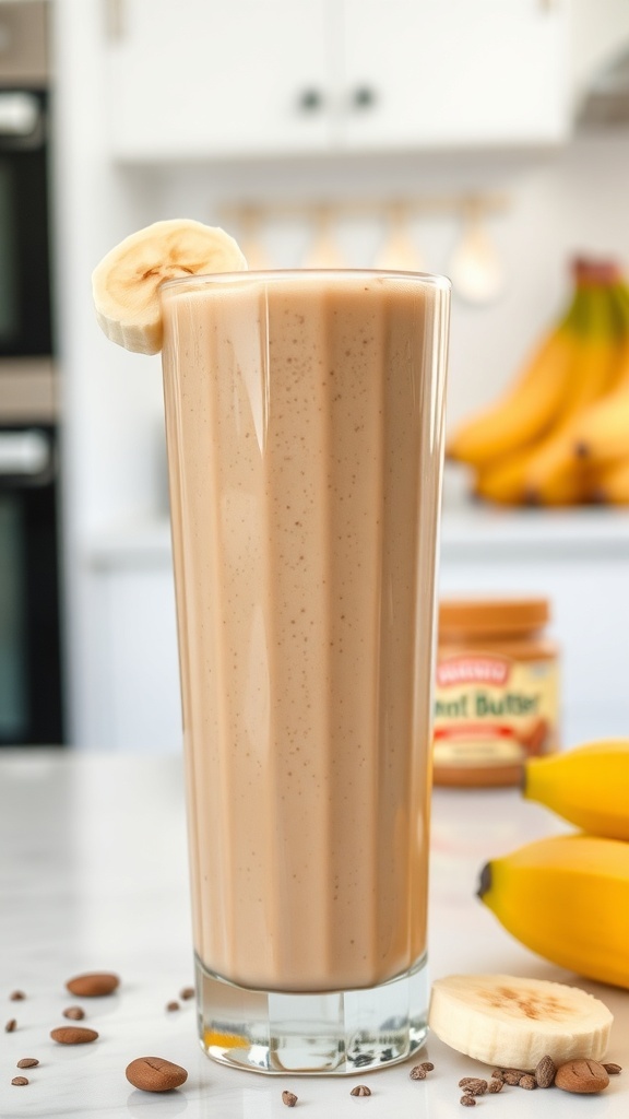 A tall glass of peanut butter banana smoothie with a banana slice on top, surrounded by bananas and a jar of peanut butter.