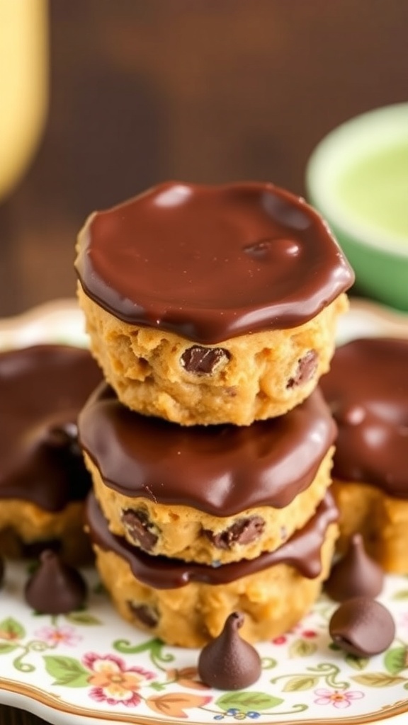 A stack of peanut butter brownie bites topped with chocolate, placed on a decorative plate.