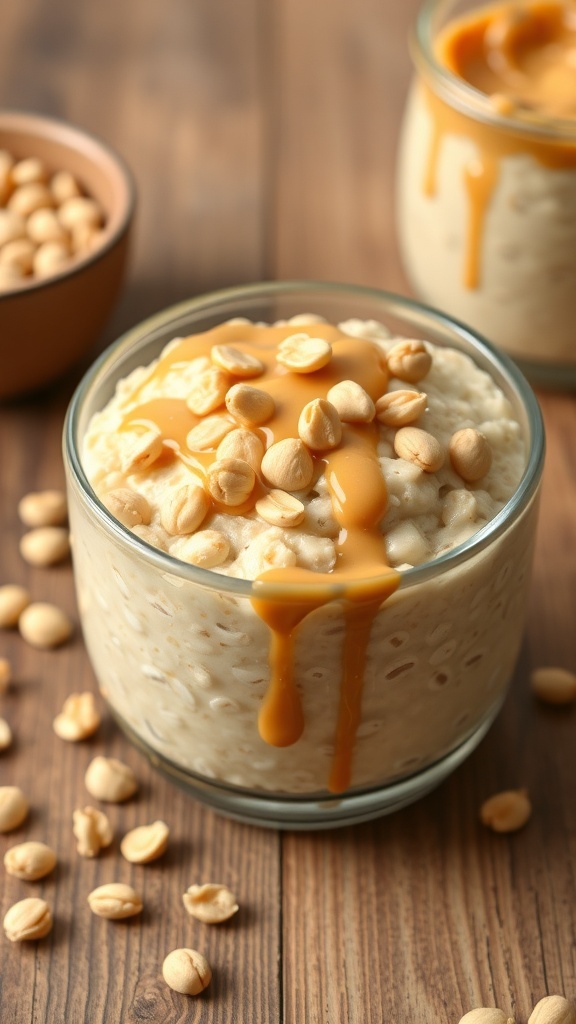 A bowl of peanut butter cheesecake oats topped with peanuts and drizzled with peanut butter, surrounded by ingredients.