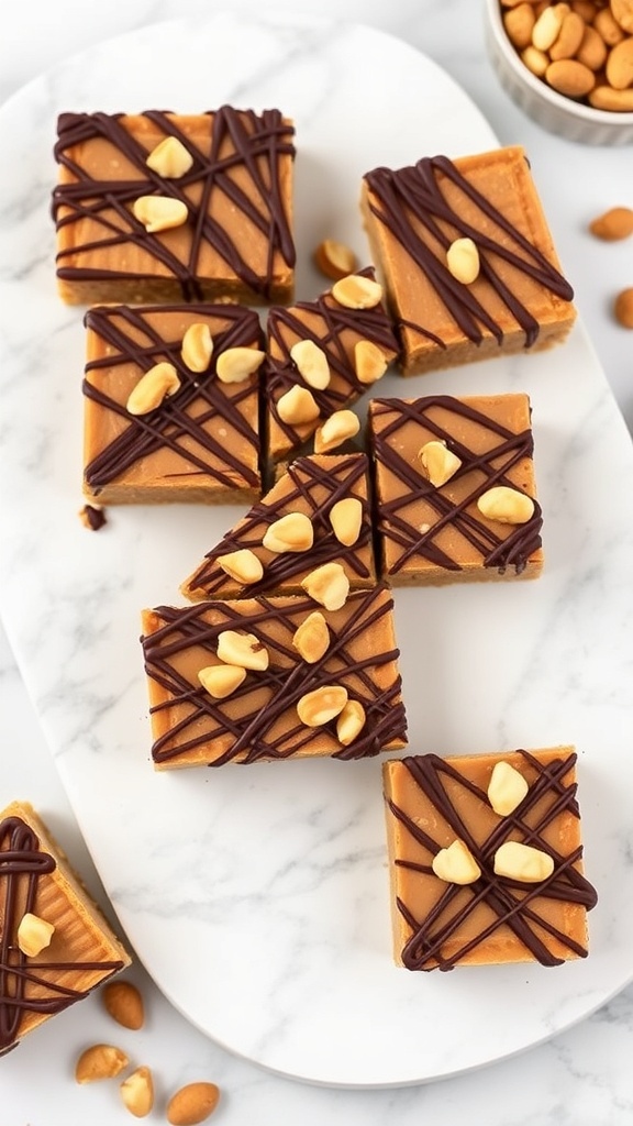 Peanut butter chocolate bars drizzled with chocolate and topped with peanuts, arranged on a marble platter.