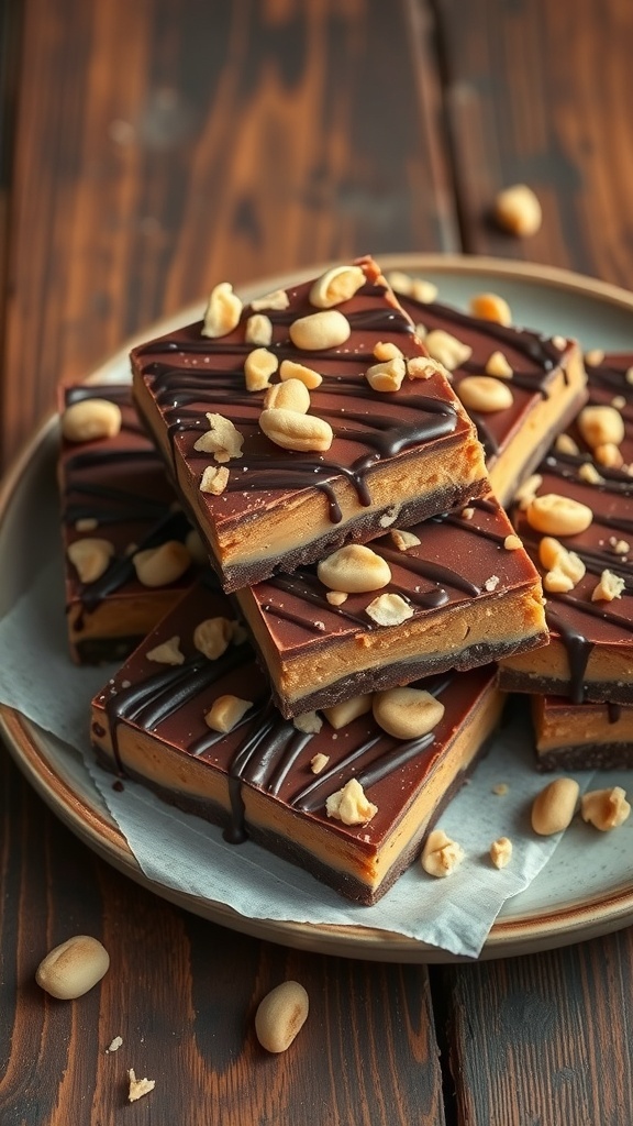 Peanut butter chocolate bars stacked on a plate, topped with peanuts and drizzled with chocolate.