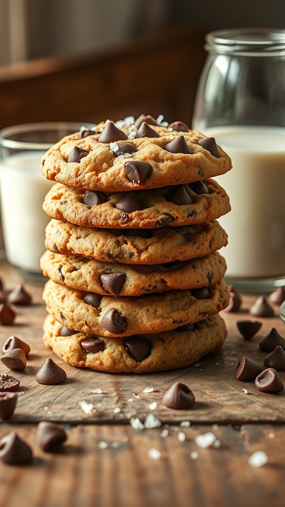 A stack of peanut butter chocolate chip cookies with chocolate chips scattered around and glasses of milk in the background.