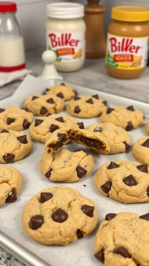 A tray of peanut butter chocolate chip cookies with jars of peanut butter in the background.