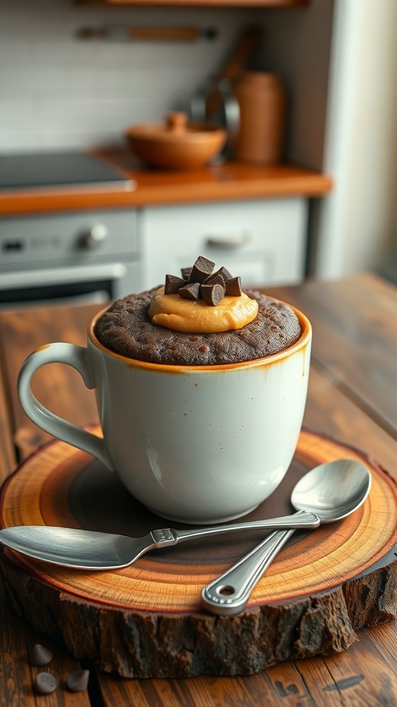 A delicious peanut butter chocolate mug cake topped with peanut butter and chocolate chunks, served in a white mug on a wooden plate.