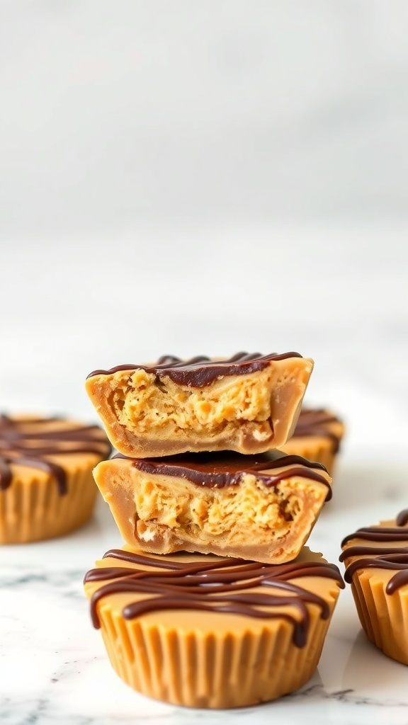 Homemade peanut butter cups stacked with one cut in half, showing creamy filling.